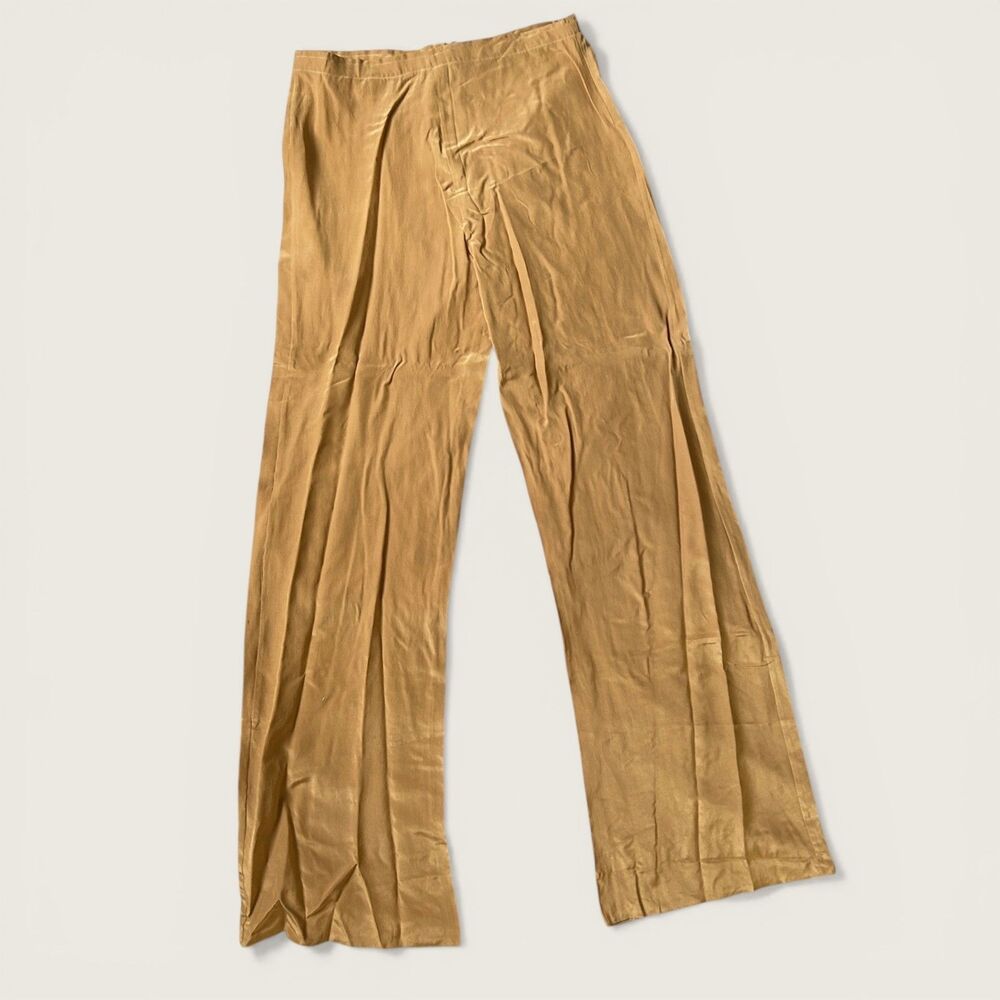 Vintage Brown 100% Silk Wide Leg Pants 28 Waist Drawstring Lounge Trousers